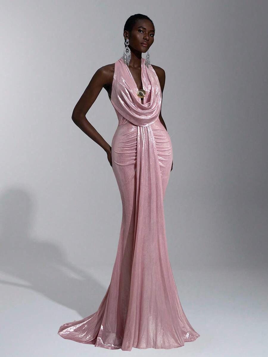 Elitara 优雅、浪漫、性感、极简、有弹性、露肩、露背、紧身、低胸、鱼尾下摆、拖尾、时尚、网红风格、节日、度假、生日派对、婚礼活动、伴娘礼服 - 淺粉色 - 查看 1