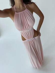 Aloruh Romantic Date Party Pink Medical Patchwork Backless Sexy Extra Long Mesh Women Dress - Baby Pink - View 8