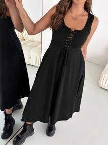 SHEIN Essnce Plus-Size Women's Casual Dress, Sun Dress, Mid-Length Inner Dress For Autumn, Lace-Up Dress, Casual Women's Clothing, Summer New Fashion Casual Chest Cross Strap U-Neck Vest A-Line Hem Dress