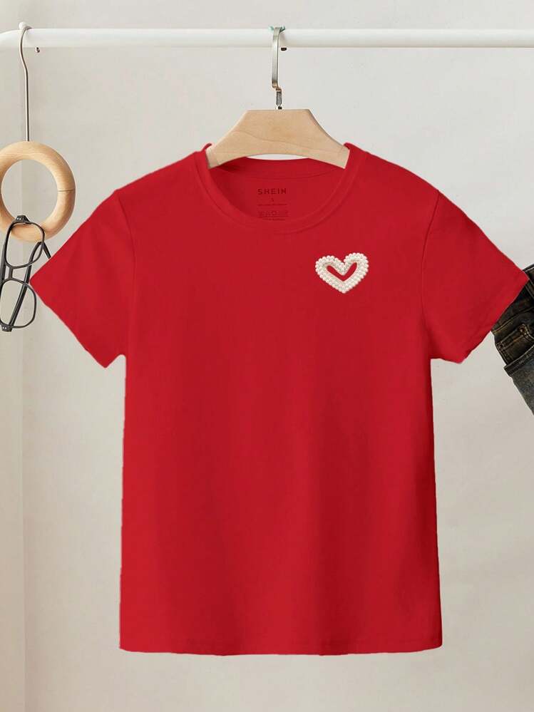 SHEIN Women's Standard Size Round Neck Short Sleeve Beaded Heart Shaped T-Shirt, Regular Shoulder - Red - View 3