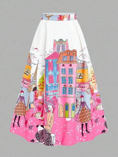 EMERY ROSE Fustă casual cu imprimeu arhitectural pentru femei, mărime plus