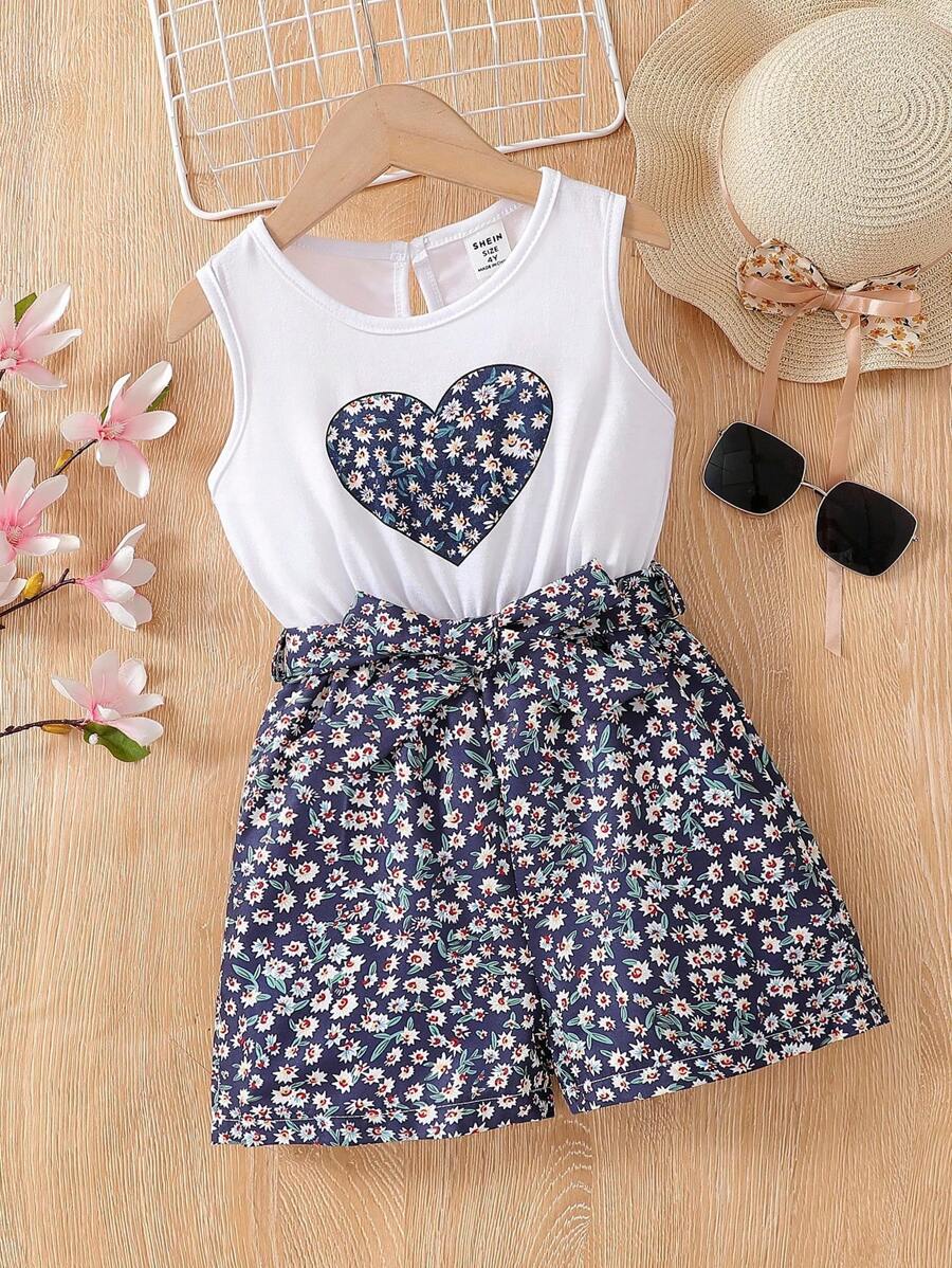SHEIN Vintaside Kids 小女童小碎花和愛心圖案腰帶連身短褲