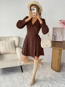 SHEIN LUNE 女士休闲通勤连衣裙 棕色V领长袖裹身短裙 - 棕色 - 查看 4