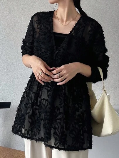 FRIFUL Áo khoác vest không tay dáng rộng cổ chữ V chất liệu vải kết cấu cho nữ, áo kimono ren đen, váy đen, áo choàng ren đen, váy choàng đen, áo cánh ren đen, váy đen, áo choàng ren, áo khoác nữ