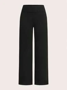 SHEIN EZwear 2 件黑色和粉色女士休闲高腰折叠阔腿直筒裤，适合夏季 - 彩色 - 查看 5