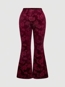 SHEIN MOD 加大码高腰天鹅绒压花提花松紧腰喇叭裤，加大码天鹅绒喇叭裤 - 酒紅色 - 查看 1
