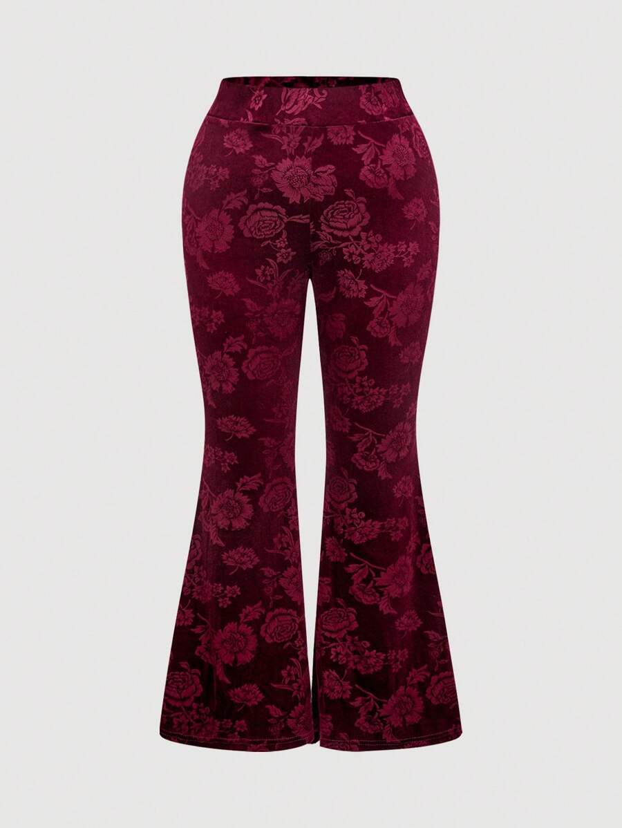 SHEIN MOD 加大码高腰天鹅绒压花提花松紧腰喇叭裤，加大码天鹅绒喇叭裤 - 酒紅色 - 查看 1
