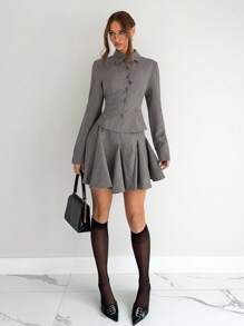 Siren Gaze Bộ 2 món áo thun tay dài màu trơn, cài nút thời trang và chân váy midi nhún bèo nhún cho nữ - Xám - Xem 5