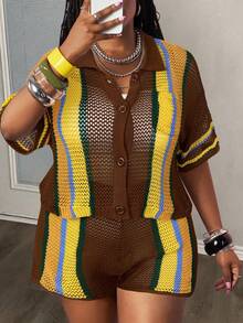 Slaydiva 春夏新款休闲沙滩度假风短袖衬衫带口袋短裤套装，彩色条纹钩编拼接，大码女款两件套针织服装 - 摩卡棕 - 查看 3