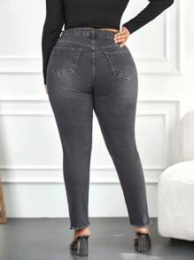 SHEIN Cottnline 98%Cotton Plus High Waist Raw Cut Skinny Jeans - Black - View 2