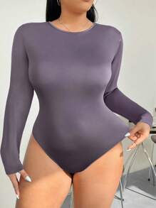 SHEIN EZwear 大码休闲纯色长袖紧身衣 - 紫色 - 查看 1