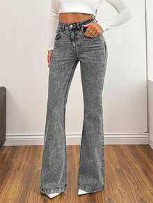 EURMUSE 98%Cotton Grey Slim Fit Flared Jeans Flare Jeans Women Wide Leg Jeans Flare Jeans Grey Flare Jeans Acid Wash Flare Jeans - Grey - View 4