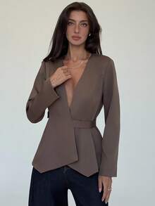 Aloruh Women's Fashionable Solid Color Deep V Neck Blazer In Fall/Winter - Brown - View 5