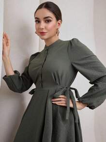 Modelyn Textured Solid Color Casual Plus Size Arabic Style Long Sleeve Dress Fall Cloth For Women - Army Green - View 3