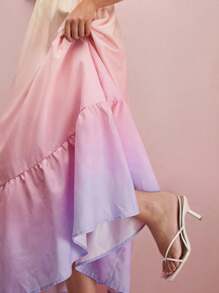 Enchnt 女士优雅渐变泡泡袖连衣裙，夏季 - 粉色 - 查看 2
