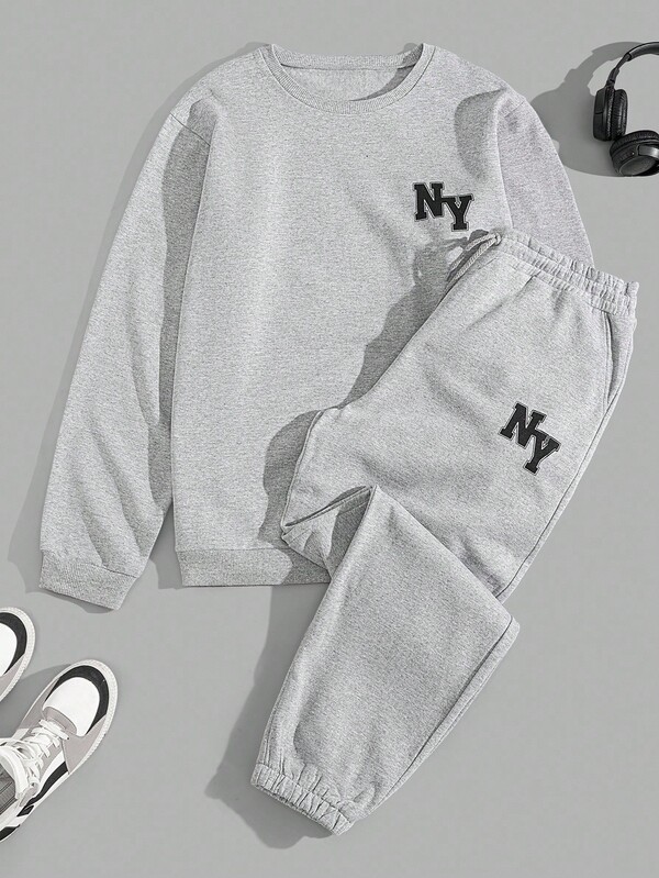 Hanorac și pantaloni de trening cu grafică cu litere din bumbac pentru bărbați, mărimi mari