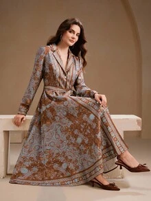 Anewsta Autumn/Winter Brown Vintage Bohemian Print Tie-Front Long Dress For Women - Coffee Brown - View 11