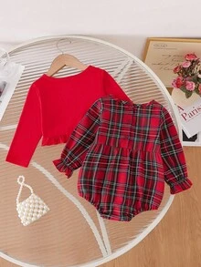 Souflis Souflis 女婴优雅甜美外套格子连体衣套装，秋冬装 - 紅色 - 查看 2
