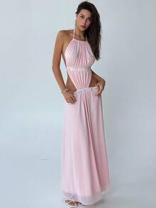 Aloruh Romantic Date Party Pink Medical Patchwork Backless Sexy Extra Long Mesh Women Dress - Baby Pink - View 6