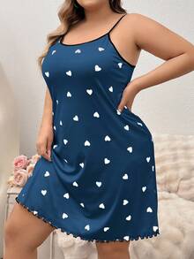 大码女式心形印花休闲吊带睡袍 - 藍色 - 查看 6