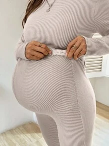 SHEIN 2 Pieces Maternity Apricot Solid Round Neck Raglan Sleeve Ribbed Casual Tops And Flared Pants Set Maternity Two Piece Set Ribbed Two Piece Set Autumn Women Clothing  Beige  Fall - Khaki - View 3