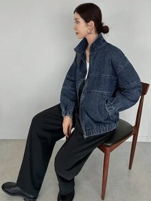 FRIFUL 女式落肩长袖前拉链宽松休闲牛仔夹克超大牛仔夹克女式牛仔夹克拉链牛仔夹克牛仔飞行员夹克女式牛仔裤 - 藍色 - 查看 5