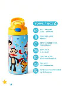 Paul Frank X SHEIN 16 Oz / 500 Ml Cartoon Pattern Insulated Stainless Steel With Handle And Silicone Straw, Suitable For School, Travel, Easy To Carry - Blue - View 2