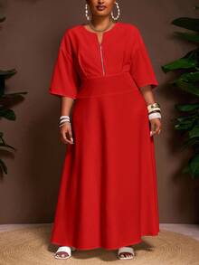 Veslaya 2025 Spring & Summer New Arrival, Daily Casual & Elegant Commute & Vacation, Solid White Loose Short Sleeve V-Neck Half Zip Drawstring Waist Flared Maxi Shirt Dress, Plus Size - Z