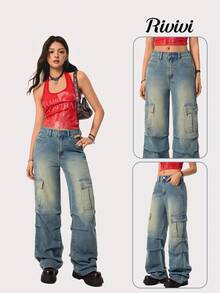 Rivivi 女式工装口袋褶皱阔腿休闲牛仔裤 - 藍色 - 查看 4