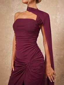 Lumalex 女式围巾领、褶皱胸部和侧开衩超长连衣裙 - 中紫紅色 - 查看 8
