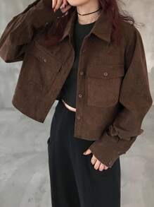 FRIFUL Women's Solid Coffee Brown Shirt Collar Casual Versatile Long Sleeve Jacket With Pocket Decor, Autumn - Coffee Brown - View 3