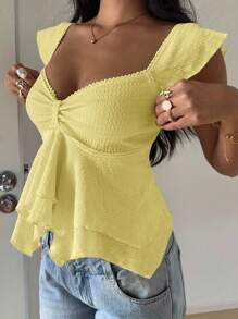 SHEIN EZwear Women's Textured Knit Ruffle Hem Sweetheart Neck Puff Sleeve Elegant T-Shirt, Rave Top Yellow Ruffle Top Babydoll Top Yellow Babydoll Top Cute Yellow Top - Yellow - View 6