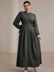 Modelyn Textured Solid Color Casual Plus Size Arabic Style Long Sleeve Dress Fall Cloth For Women - Army Green - View 9
