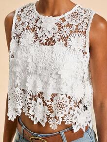 Travachic Vacation Casual Solid Color Hollow Out Lace Camisole White Lace Top Lace Tank Top Crochet Top Floral Lace Top White Crochet Top,Casual Woman Style, Fall Outfits For Women, Chic Autumn,Going Out Outfit,Elegant Outfits,Country Style For Women