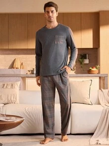 Manfinity Underwear&Sleepwear Basics 男士格子口袋长袖上衣和裤子两件套睡衣套装，男士家居服睡衣，秋冬服装 - 深灰色 - 查看 3