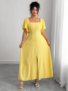 Elenzga 女式加大码纯色荷叶边方领系带长裙 - 黃色 - 查看 6