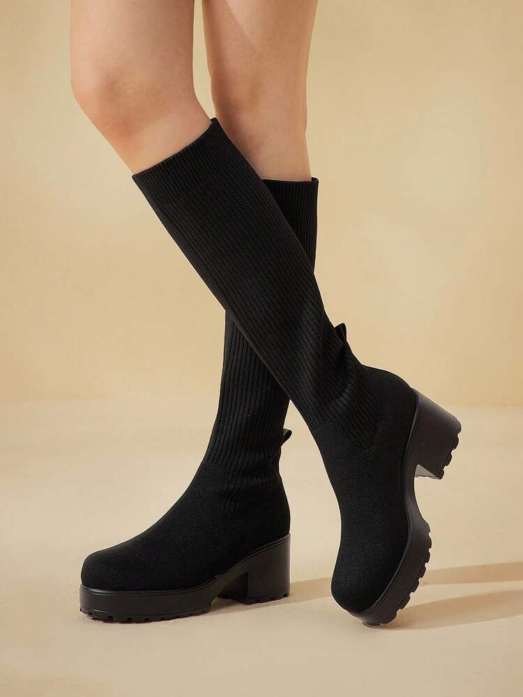 CUCCOO BASICS CUCCOO Fashion Versatile Black Chunky Heeled Over-The-Knee Boots