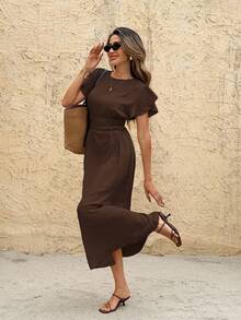 SHEIN Frenchy 女式休闲纯色束腰中长连衣裙 - 棕色 - 查看 4