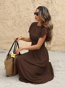 SHEIN Frenchy 女式休闲纯色束腰中长连衣裙 - 棕色 - 查看 6