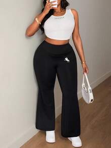 SHEIN PETITE CURVE Damen Große Größen Lässige Weiche Schlaghose mit hohem Bund und Ritter-Muster, Petite Sweat-Kurven-Set, Schlag-Leggings für Fitness, Urlaub und Resort, Schwarz, Herbst - Schwarz - Übersicht 6