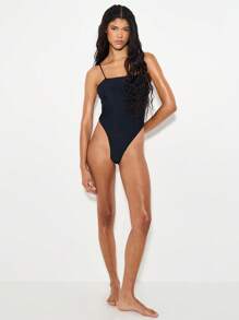 KIZN High Cut Seamless Bodysuit Adjustable Straps Square Neck Shaping Wear Thong Back Design Form Fitting Base Layer Tummy Control One Piece - Black - View 3