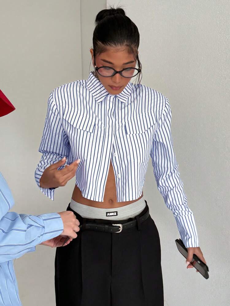 Striped Cropped Western Shirt With Shoulder Pads