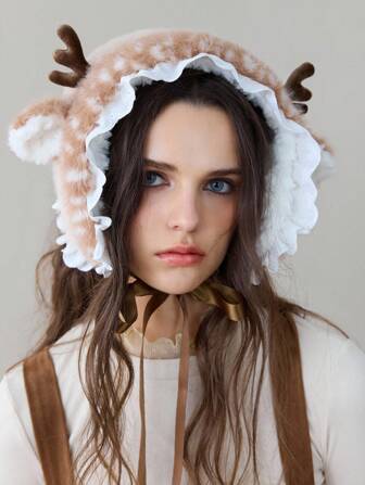 Fairycore 1pc Cute Deer Horn & Ear Tie Earmuffs, Sweet Lace Trim Earmuffs, Warm Multifunctional Earmuff Fabric For Winter