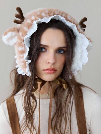 Fairycore 1pc Cute Deer Horn & Ear Tie Earmuffs, Sweet Lace Trim Earmuffs, Warm Multifunctional Earmuff Fabric For Winter