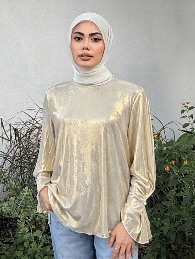 Women's Bell Sleeve Elegant Sequin Decoration Twist Knot Button Detail Long Sleeve Blouse Top, Business/Party Wear, Spring/Summer/Autumn Modest Fashion
