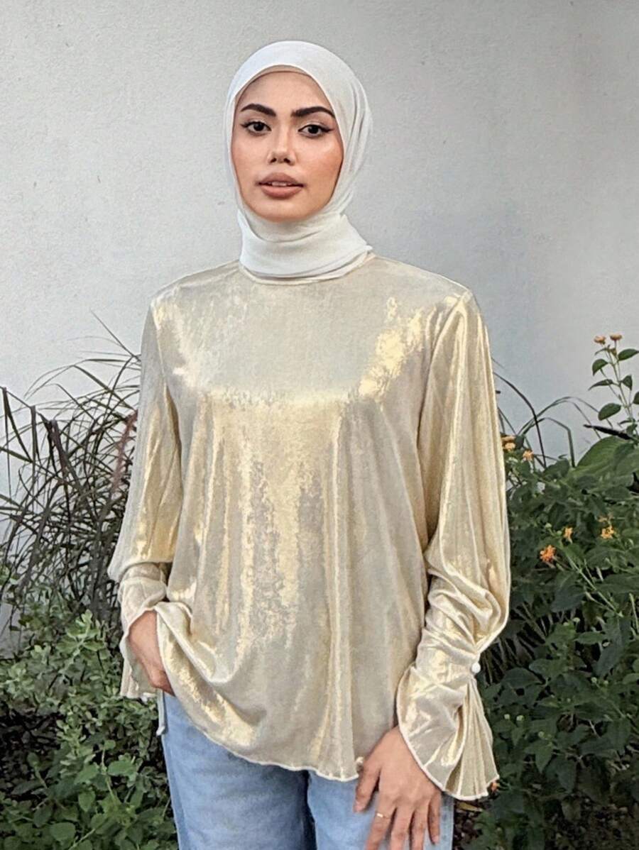 DAZY Women's Bell Sleeve Elegant Sequin Decoration Twist Knot Button Detail Long Sleeve Blouse Top, Business/Party Wear, Spring/Summer/Autumn