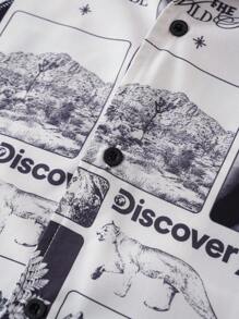 Discovery X SHEIN 男式全印花纽扣前休闲短袖衬衫 - 棕色 - 查看 4