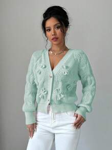 Elenzga 女士柔粉色蝴蝶结开衫 - 薄荷綠 - 查看 3