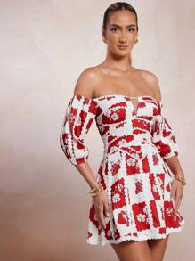 L'Amorae فستان قصير للنساء بتصميم رقبة على شكل حرف V وتفاصيل كشكشة، مناسب للعطلات والارتداء اليومي - متعدد الألوان - مشاهدة 5