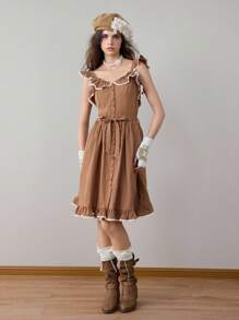 ROMWE Fairycore Váy midi họa tiết bèo nhún màu bí ngô, chất liệu vải lanh phong cách mộc mạc, phù hợp cho lễ Halloween, mùa thu - màu nâu - Xem 8